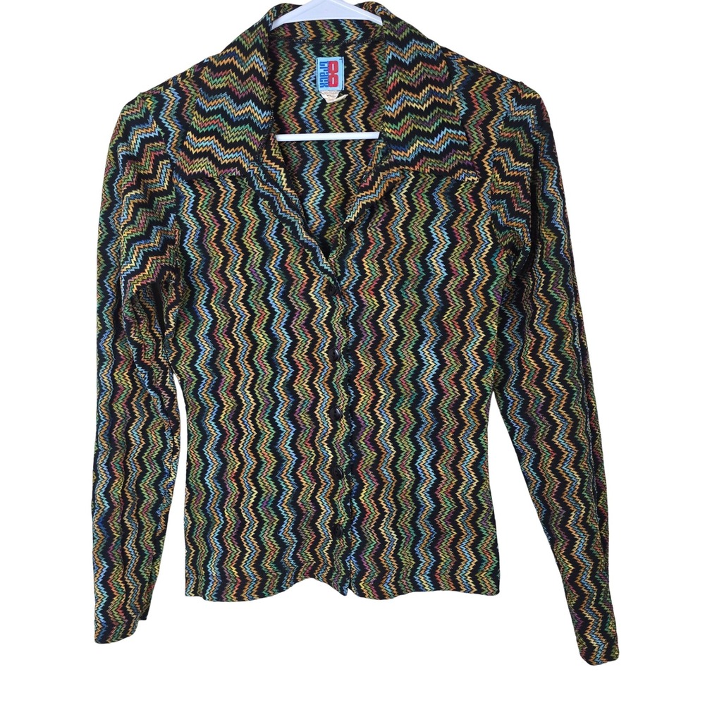 VTG‎ 70s 8 Track Multicolor Chevron Zig Zag Knit Button Up Shirt Disco Retro
